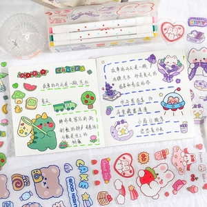 Kawaii cartoon stationery set with cute rabbit stickers, notebook, and pen box layout