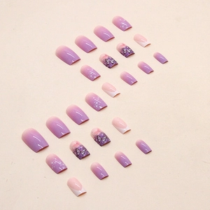 Grape purple gradient press-on nails with butterfly designs and silver glitter accents