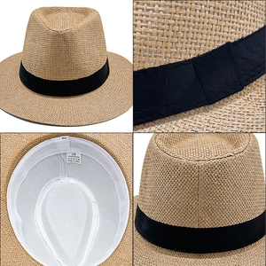 Detailed views of paper straw fedora hat featuring size 58 label and 100% paper material