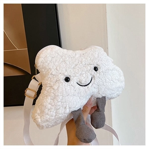 Close-up of white plush cloud-shaped bag with grey corduroy legs and zipper closure