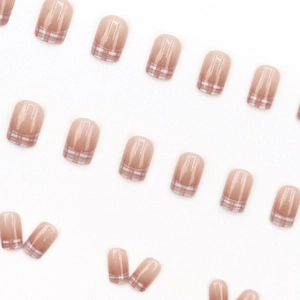 Pink gradient French plaid press-on nails set with glossy finish for daily wear