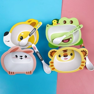 Bamboo fiber kids tableware set with cute cartoon dog frog rabbit and tiger bowls