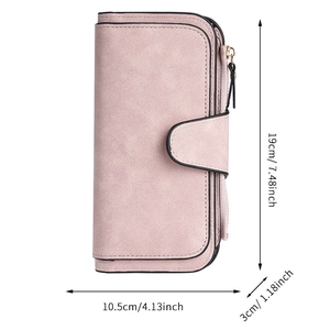 Pink faux leather long wallet for women with buckle closure and zipper pocket on white base