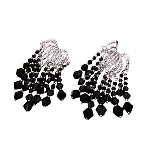 Vintage silver tassel earrings with black faceted glass beads in a fringe dangle design