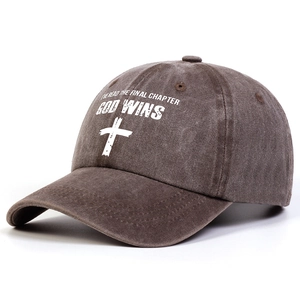 Washed coffee brown baseball cap with white cross and God Wins religious print
