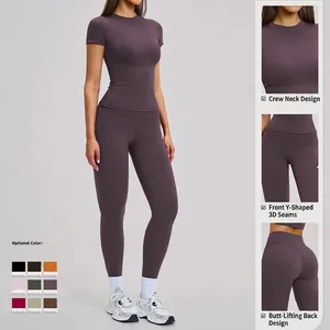 Women's quick-dry yoga set in deep purple with high-waist leggings and slim-fit tee
