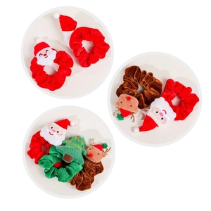 Christmas plush scrunchies set featuring Santa, Reindeer and Xmas tree designs