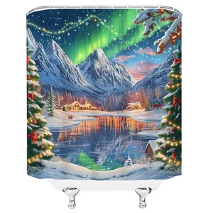 Detail of 3D Christmas bath curtain showing snowy mountains and aurora borealis print