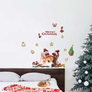 Christmas wall decal featuring a cute Corgi with festive ornaments and snowflakes