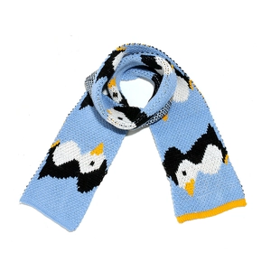 Winter light blue knitted scarf for kids featuring cute cartoon penguin patterns