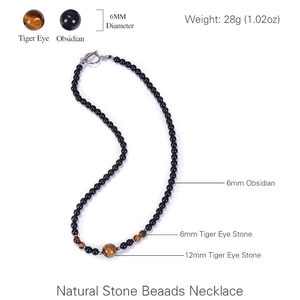 6mm natural obsidian and tiger eye beaded necklace with silver T-clasp for men and women