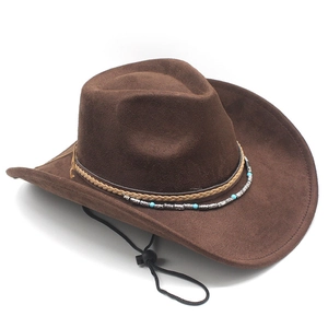 Detail of dark brown western cowboy hat with turquoise bead chain and windproof cord