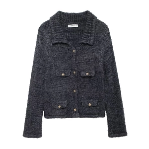 Cardigan En Maille Gris Foncé Col Rabattu Boutons Dorés Poches Manches Longues Haut Décontracté Femmes