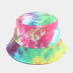 Colorful tie-dye bucket hat for sun protection with vibrant pink, blue and yellow swirls