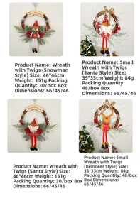 Size and weight comparison table for various Christmas wreath styles with plush characters