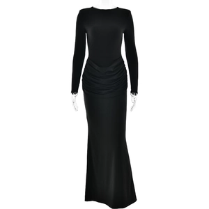 Elegant black long sleeve slim fit maxi dress with ruched waist and slit fishtail hem