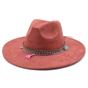 Women Wide Brim Fedora Hat Faux Suede Bohemian Ethnic Band Tassels Vintage Western Sun Protection Outdoor Fashion
