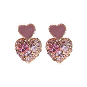 Golden heart drop earrings with pink rhinestones and purple enamel for elegant women