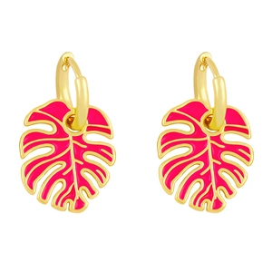 Macro shot of tropical pink enamel monstera leaf earrings with gold-plated hoops