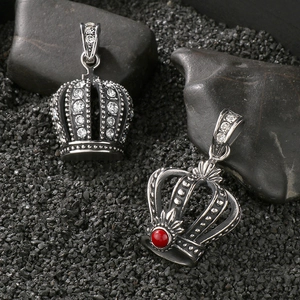 Punk hip hop crown pendants with rhinestones on black rocks for men's jewelry