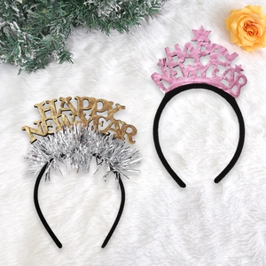 Festive Happy New Year headbands with gold and pink glitter lettering for party decor