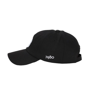 Unisex black baseball cap with white 1980 embroidery on the side for sports and casual wear