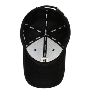 Inside view of black baseball cap showing reinforced seams with ANED letter tape