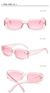 Three-angle view of pink narrow rectangular sunglasses showing front and side views