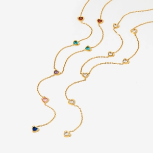 Chic 18K gold plated stainless steel Y-shaped long necklace with colorful heart crystals