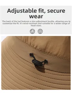 Detail of adjustable drawstring and buckle on khaki quick-dry sun hat for outdoors