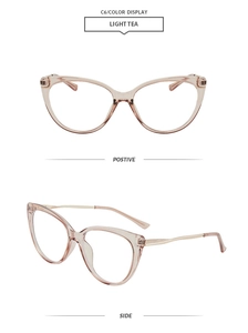Front and side views of light tea cat-eye frames with stylish metal temples