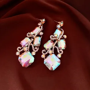 Luxurious geometric square crystal drop earrings with AB iridescent coating and gold setting