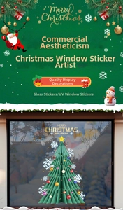 Close-up of UV Christmas tree window stickers with 3D snowflake festive patterns