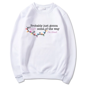 White crewneck hoodie with 'Probably Just Gonna Jingle' print and bulb graphic