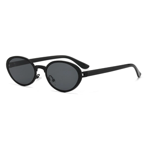 Vintage oval black metal sunglasses with textured frame and dark grey lenses, 45-degree view
