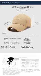Guide des tailles pour casquette de baseball en coton brodé avec dimensions et mesures