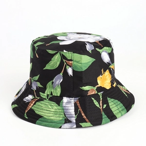 Detail of floral pattern stitching and wide brim on reversible ethnic bucket hat