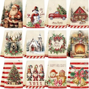 Set of 12 Christmas garden flags with Santa and Snowman prints in a 3x4 grid layout