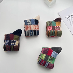 Japanese retro vintage checkered cotton socks in colorful patchwork knitting patterns
