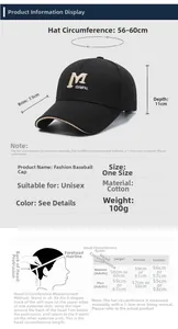 Size chart for M embroidery cotton baseball cap with 56-60cm head circumference details