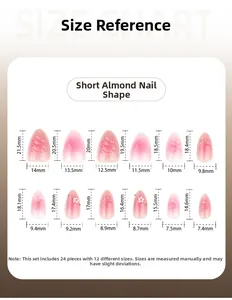 Size guide for 24pcs short almond press-on nails with 12 distinct width and height measurements