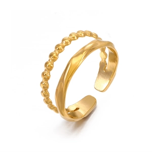 Golden double-layer stainless steel ring with bead texture and wave pattern design