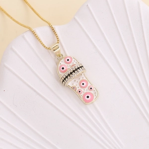 Fashionable gold chain necklace with a white enamel flip-flop pendant and pink evil eye motifs
