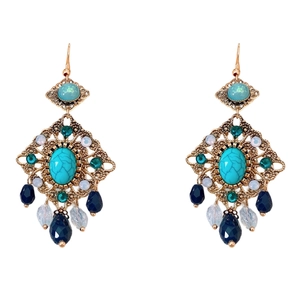 Boucles d'oreilles vintage dorées avec pierre turquoise et gouttes de cristal bleu