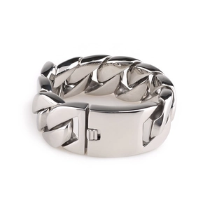 Heavy polished silver titanium steel Cuban chain bracelet with a secure box clasp