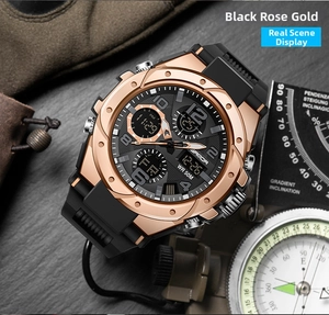 Detail showing SAMDA dual display sports watch in black rose gold with 50M waterproof feature