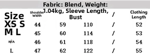 Size chart for warm sherpa fleece jacket listing XS to L measurements in centimeters