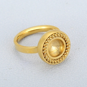 Golden stainless steel threaded ring with round inlay base shown from an angle