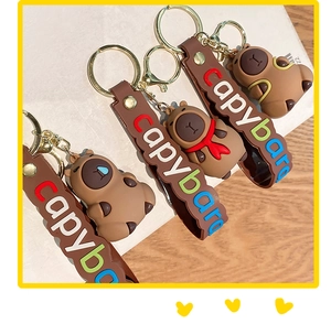 Detailed view of cute brown silicone Capybara keychains with printed wrist straps