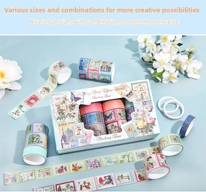 Macro shot of 20-roll vintage stamp themed washi tape set with floral and butterfly patterns